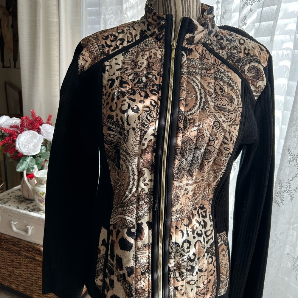 Chico Women's Black and Brown Patterned Sweater Jacket